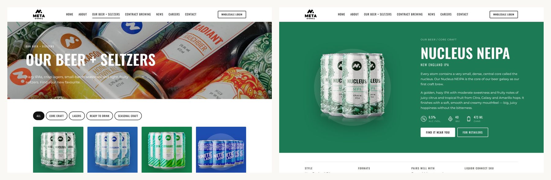 The Our Beer + Seltzers page and the Nucleus NEIPA page on the Meta Brewery website