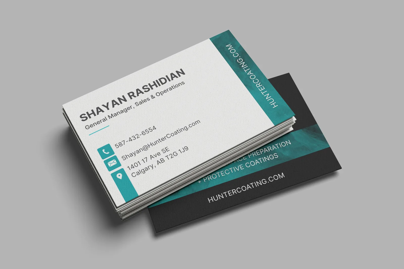 Hunter Coating business cards, front and back