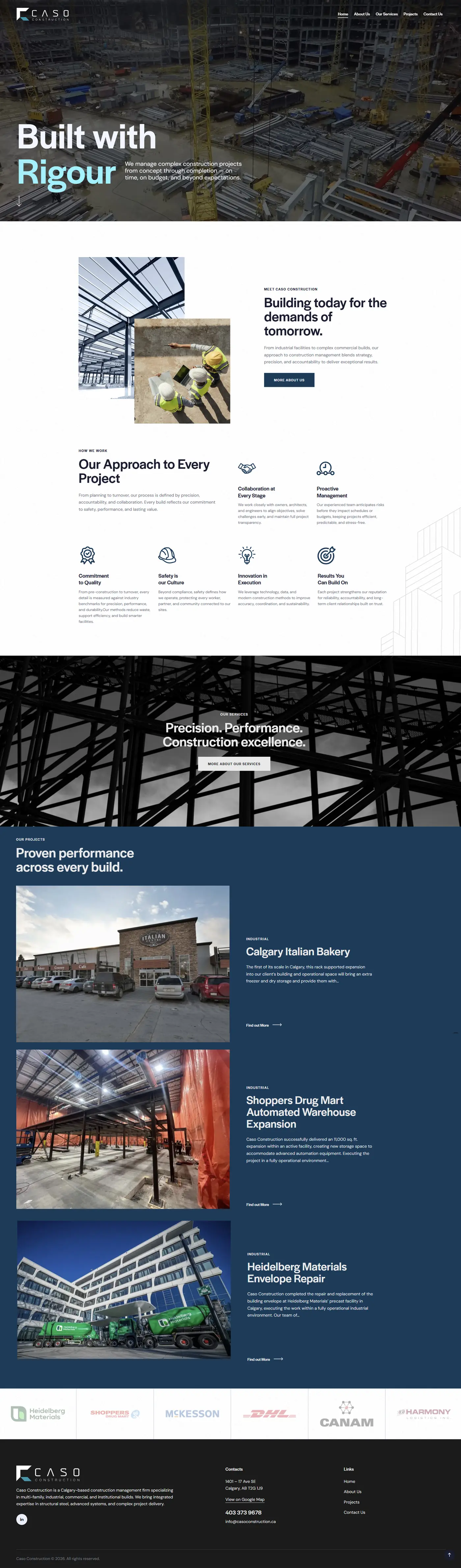 Caso Construction website, full home page