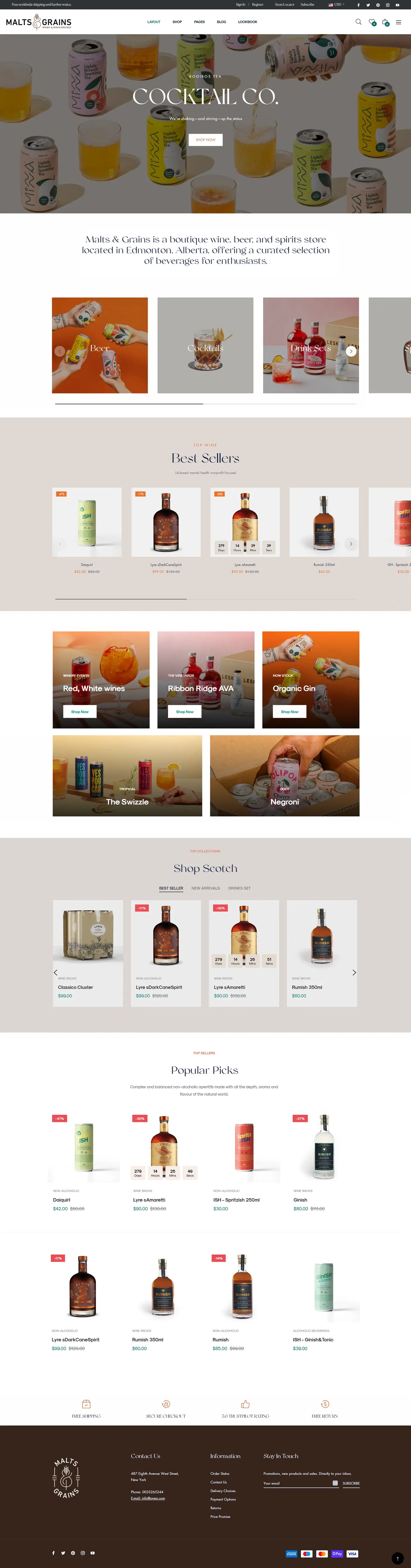 Malts and Grains Shopify store, full home page